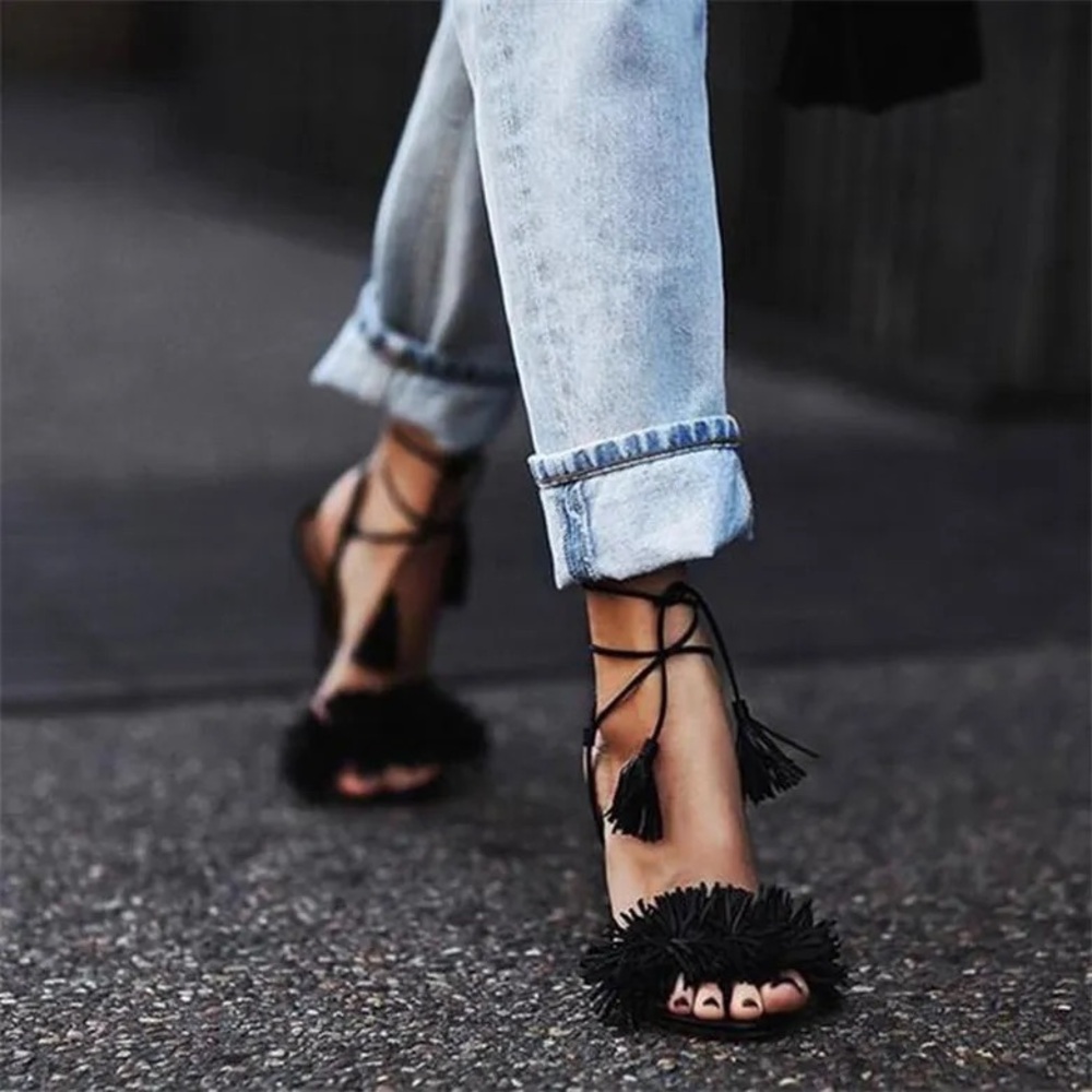 💥 AQUAZZURA Wild Thing 105 Black Leather Fringe Heels Sz 36.5